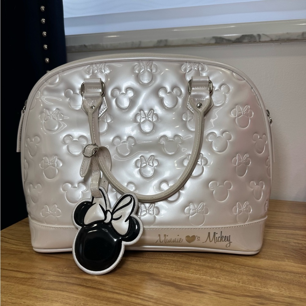 Loungefly Pearl White Embossed Mickey & Minnie Satchel